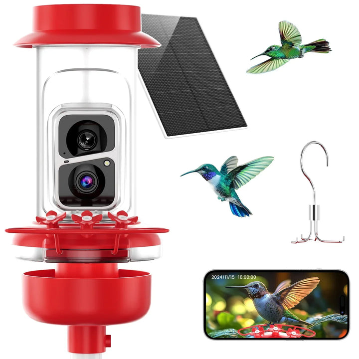 Red hummingbird feeder with camera, solar panel, and smartphone display on a white background