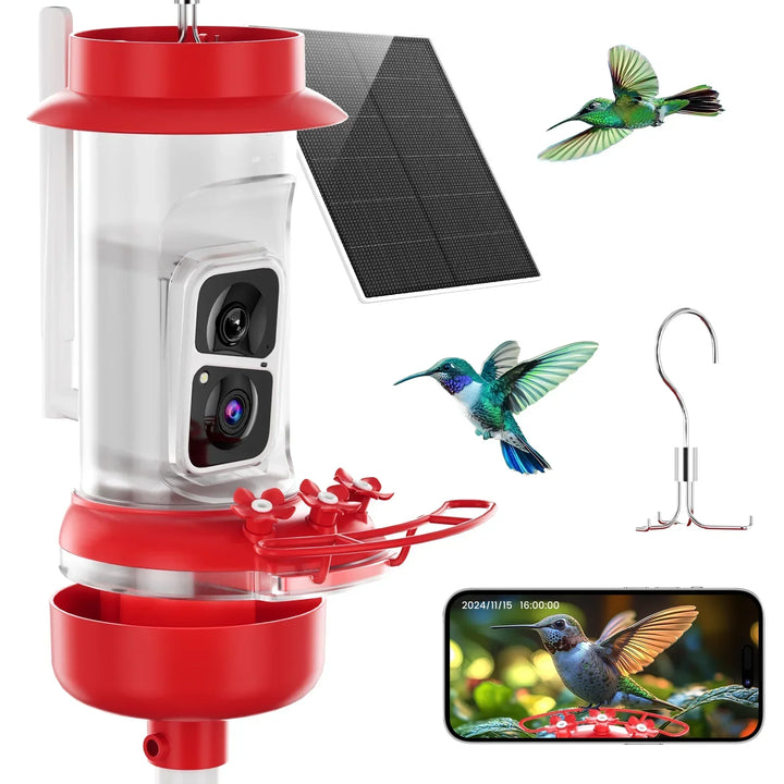 A bird feeder equipped with a camera capturing images of hummingbirds feeding.