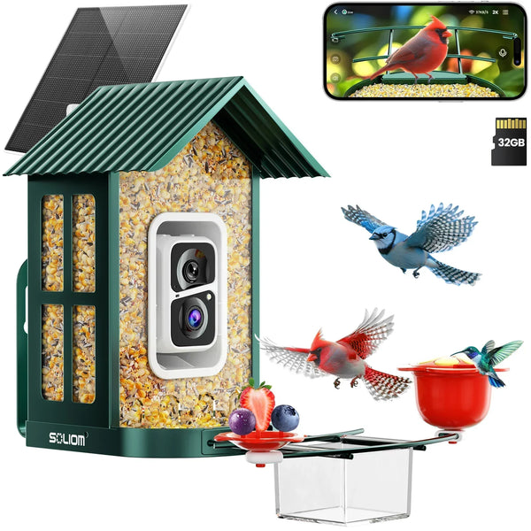 Bird feeder with camera, solar panel, and bird illustrations on a white background