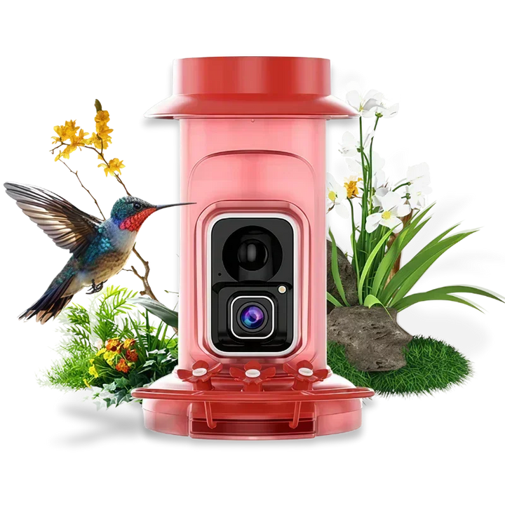 Red bird feeder with a camera lens surrounded by hummingbird and nature elements on a white background