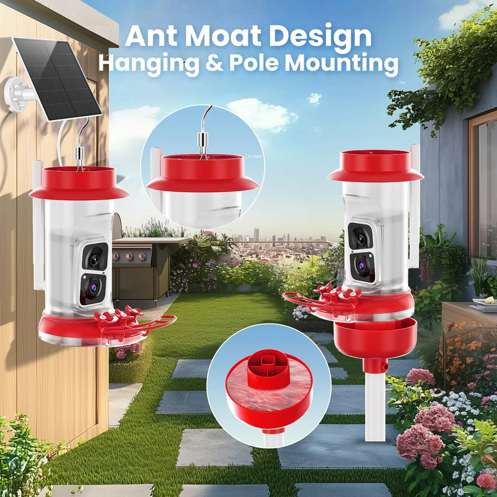 Solar-powered ant trap with red and white design, shown in outdoor settings.