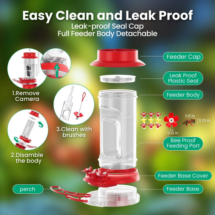 Hummingbird feeder with detachable parts and cleaning instructions on a green blurred background