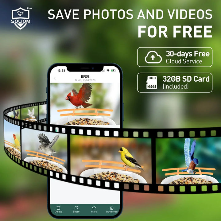 Smartphone displaying bird images with promotional text for SOLIOM cloud service and SD card offer.