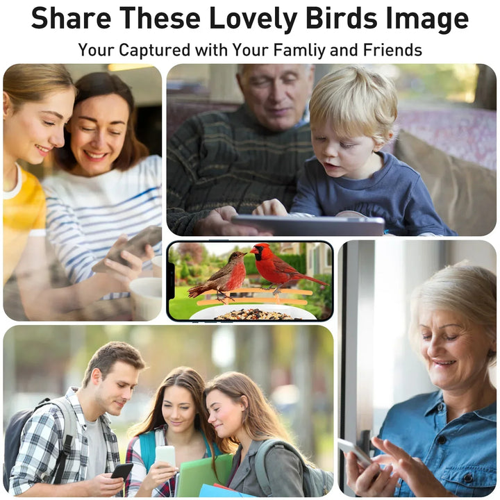 Collage of people using smartphones with text overlay about sharing bird images with family and friends.