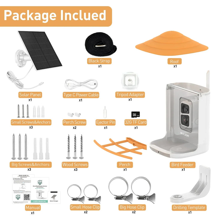 List of components included in a package with solar panel, camera, and various accessorie.