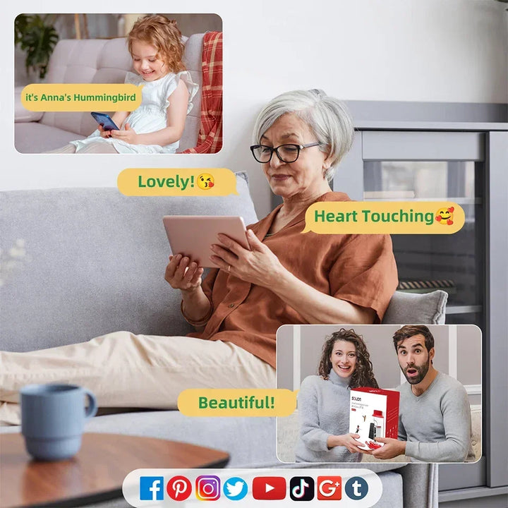 Woman using a tablet with a child on a phone, surrounded by social media icons and text bubbles.