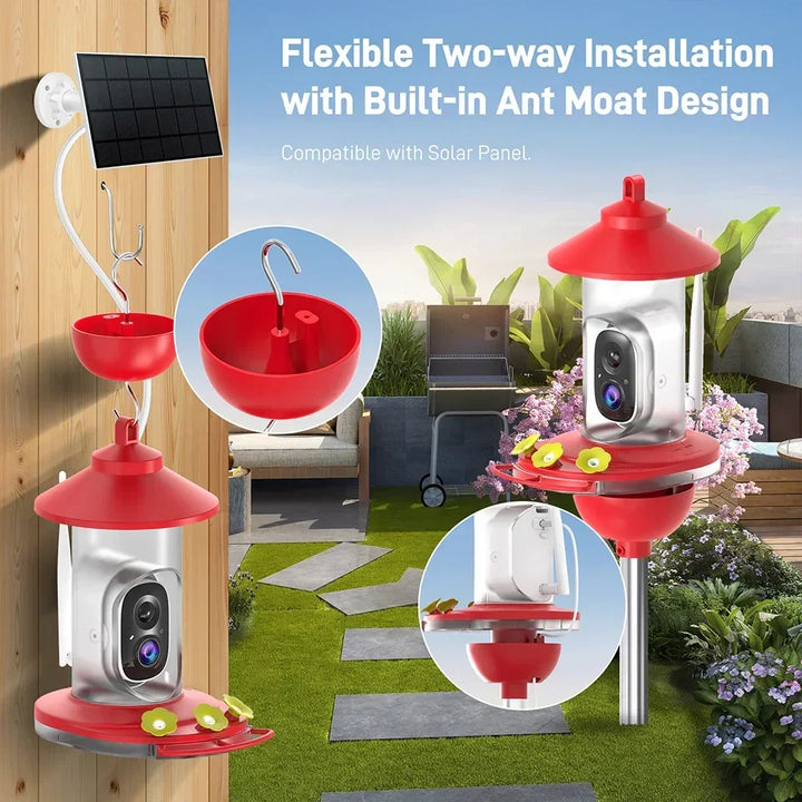 Outdoor security camera system with solar panel and red bird feeder design, installed on a garden post.