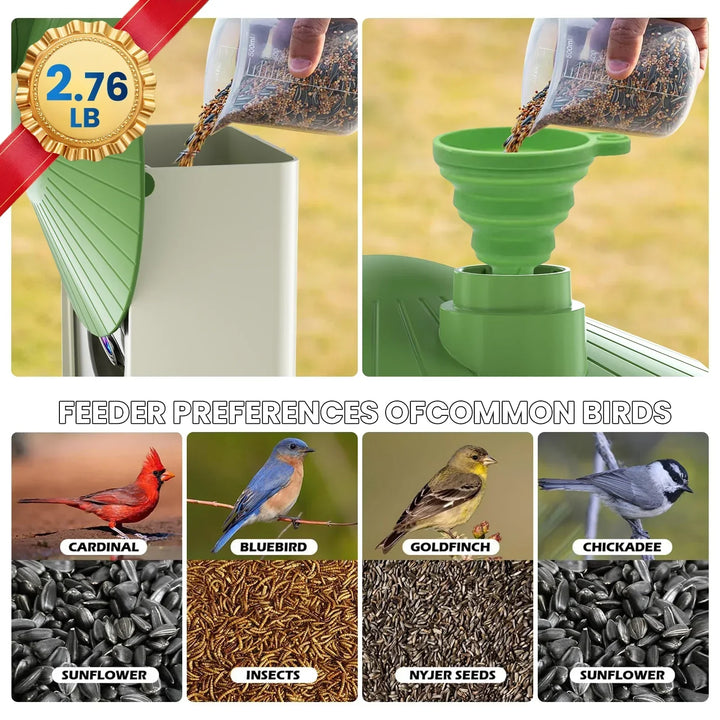 Collage of a bird feeder with a green funnel, birdseed, and images of birds with their preferred food types.
