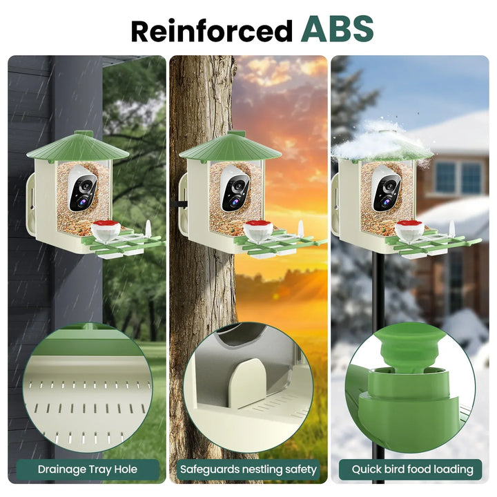 Bird feeder with reinforced ABS material, drainage tray hole, and quick bird food loading feature.
