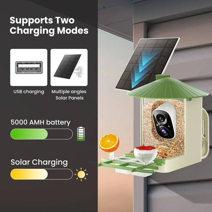Bird feeder with solar panels and USB charging options on a gray background
