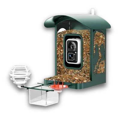 A bird feeder with a built-in camera and seed compartments, featuring a protective canopy.
