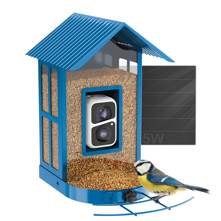 Bird feeder with solar panel and camera, featuring a bird on a white background