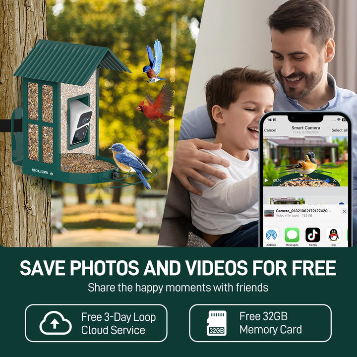 Smart bird feeder with birds, a man and child looking at a phone screen, and promotional text about camera features.